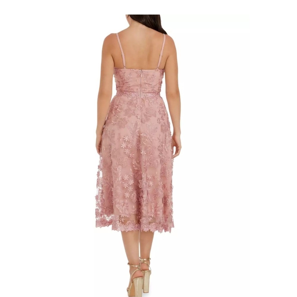 Dress the Population Lace 3D Floral Midi Dress Rose Pink V-Neck Cocktail A-Line - Picture 3 of 7